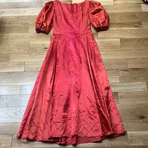 Vintage handmade red gown, puff sleeves, basque waist, v-neck, bow